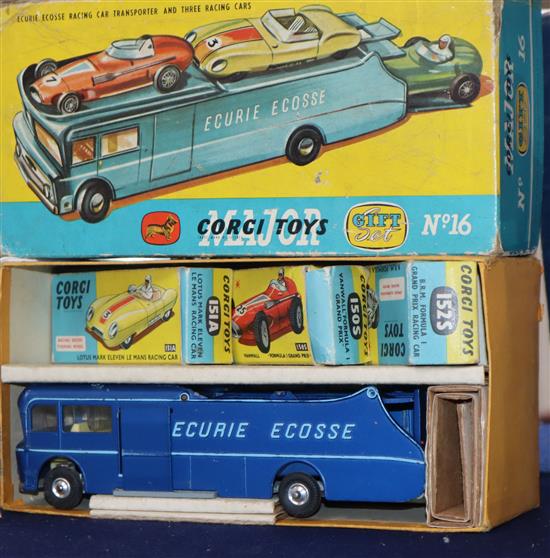 A Corgi Major gift set No. 16 Ecurie Ecosse racing car transporter and three racing cars, complete and boxed